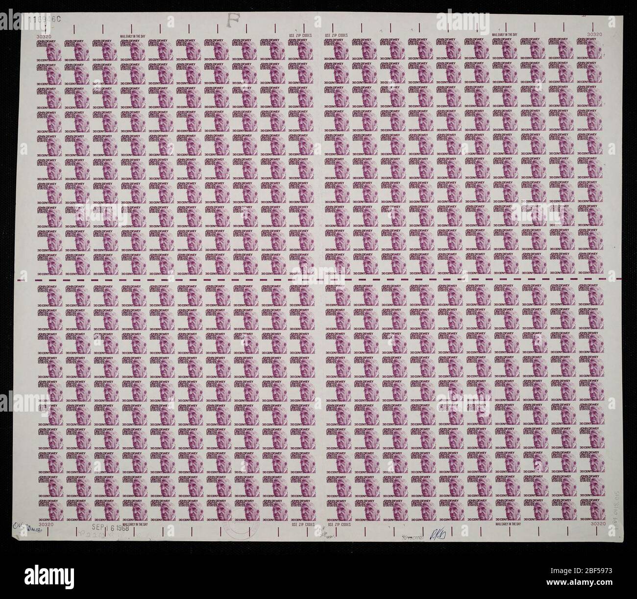 30c John Dewey plate proof. Certified plate proofs are the last printed proof of the plate before printing the stamps at the Bureau of Engraving and Printing. These plate proofs are each unique, with the approval signatures and date. Stock Photo