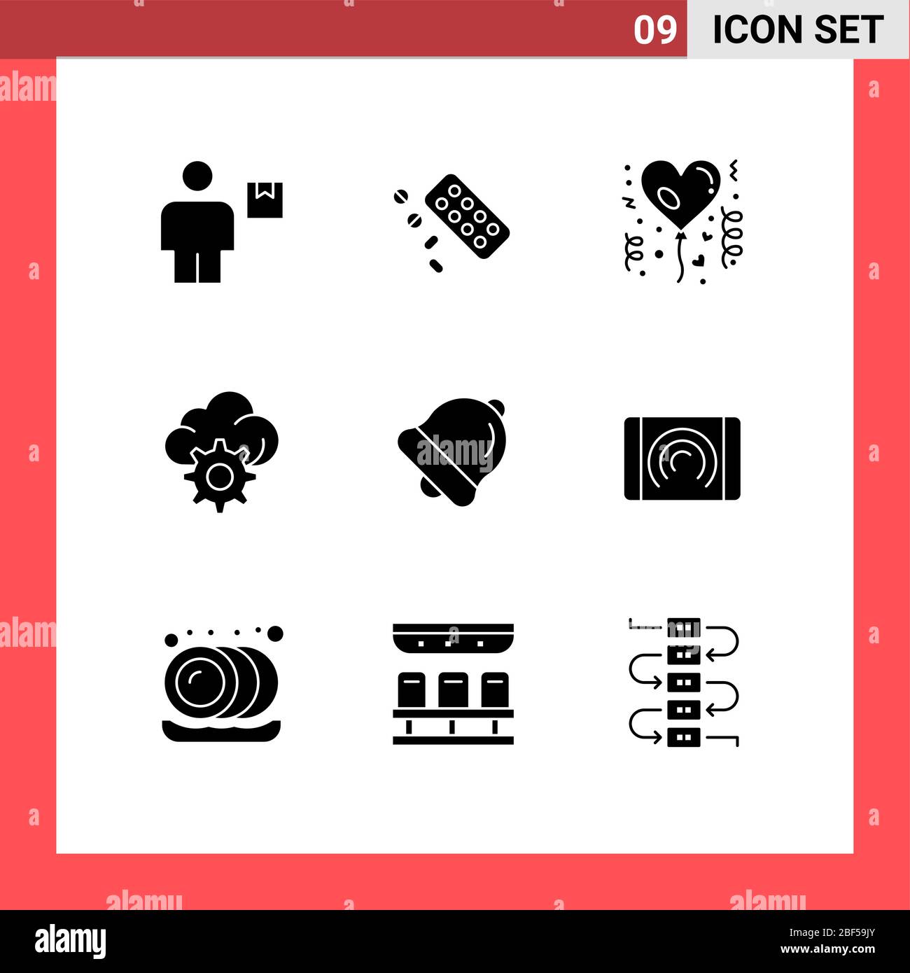 Set of 9 Modern UI Icons Symbols Signs for bell, technology, treatment, gear, celebration Editable Vector Design Elements Stock Vector
