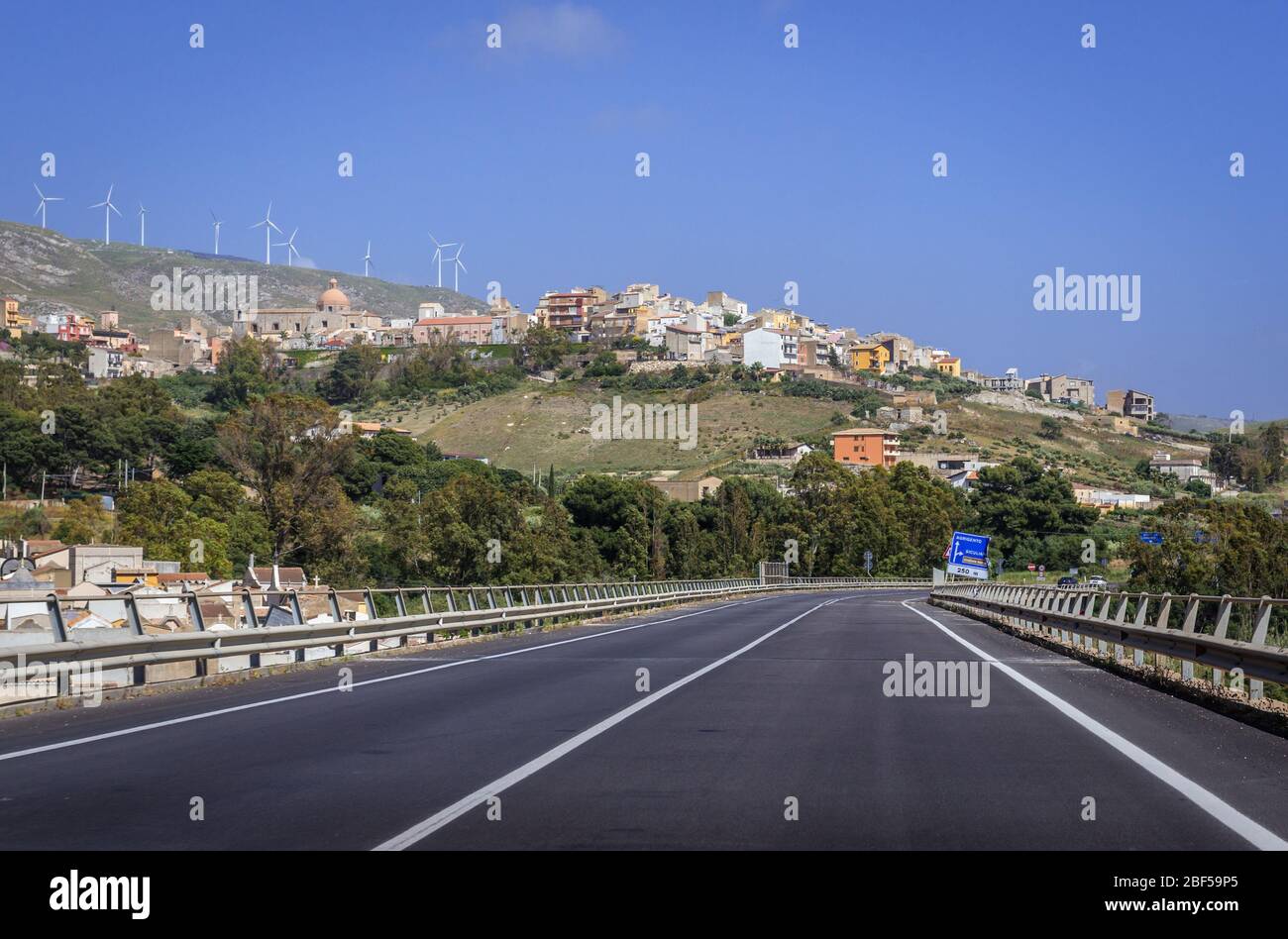 Siculiana town on Sicily Island in Italy, view with Sanctuary of the Holy Crucifix from road number SS115 Stock Photo