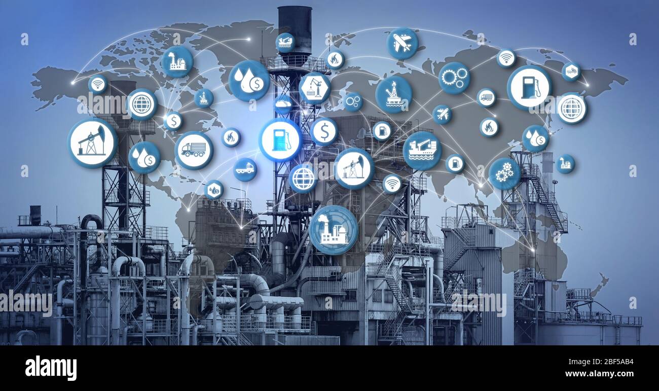 The oil refinery at industry zone. icons concept modern of fuel industrial network.The distillation process may cause pollution but does not have seve Stock Photo