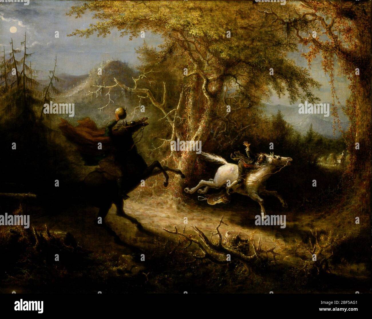 The Headless Horseman Pursuing Ichabod Crane. Washington Irving's 'The Legend of Sleepy Hollow' inspired Quidor to paint the climactic moment from this famous tale. Ichabod Crane is a prickly and stuck-up schoolmaster and a bumbling suitor for the lovely Katrina, who uses him to make her beau jealous. Stock Photo