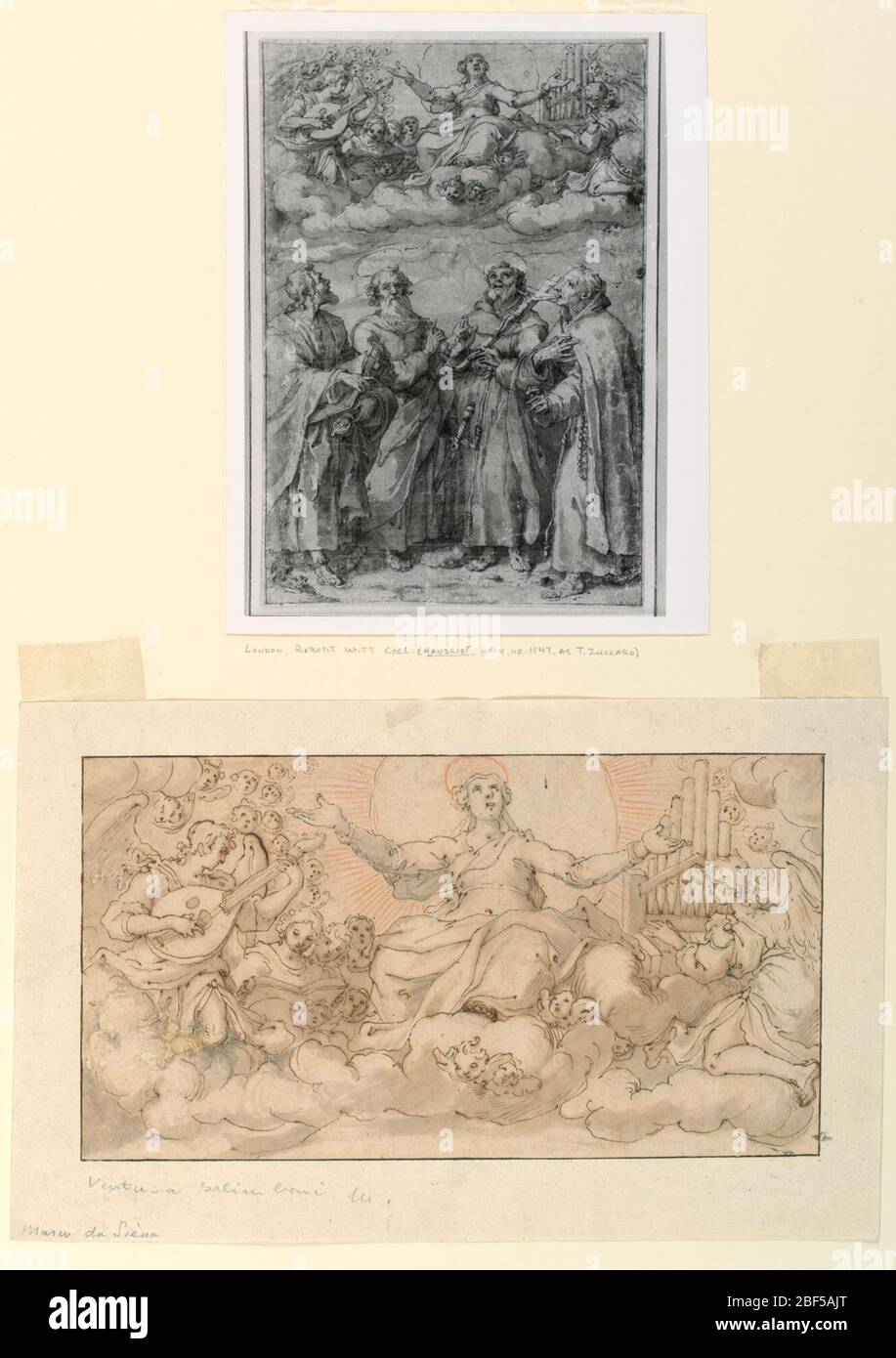 The Assumption of the Virgin. Horizontal rectangle. Upon Clouds. In the center is the Virgin, in a glory of rays. At left is an angel playing the lute. At right another one playing the organ; both with groups of angels. Cherubim below. Stock Photo