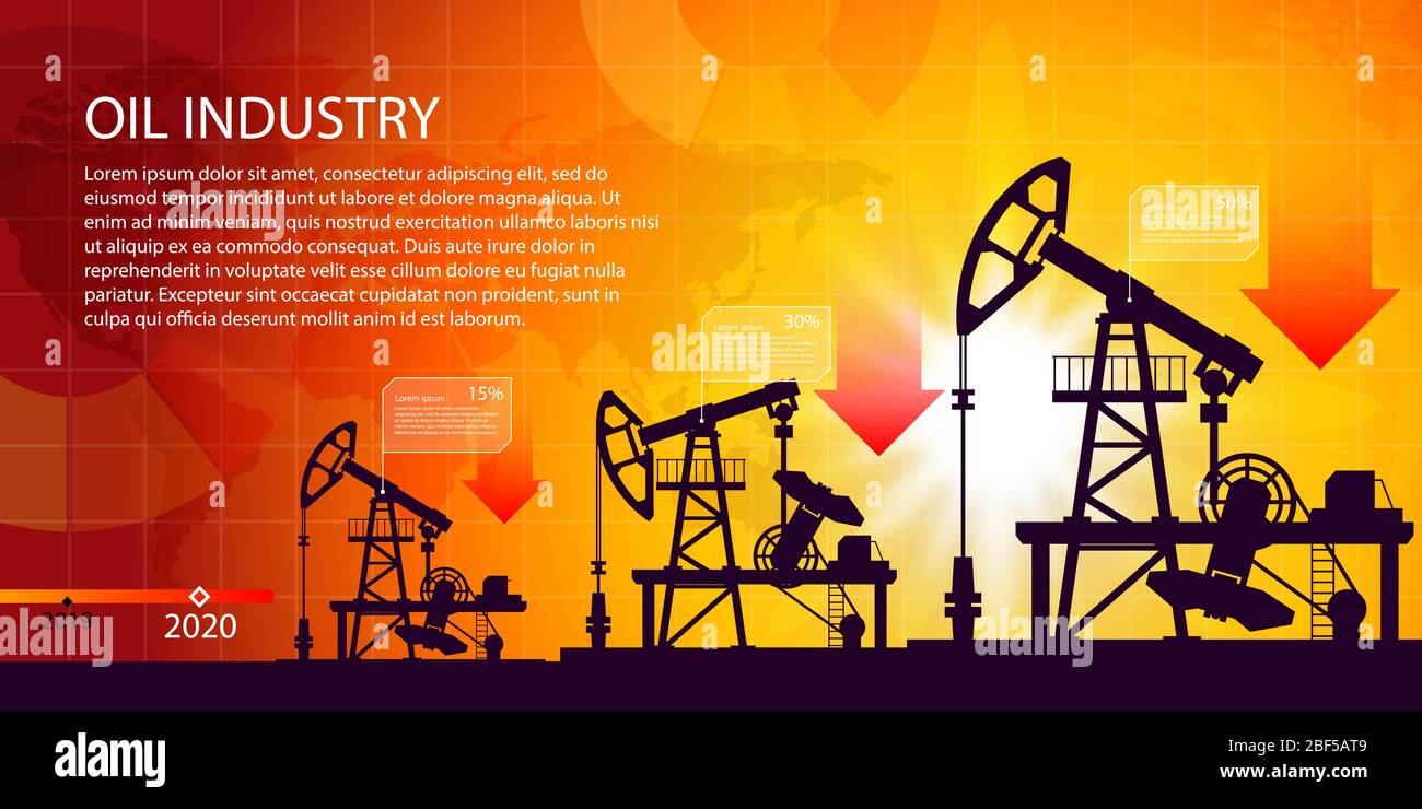 Oil industry concept. Oil price drops down graph and chart with world