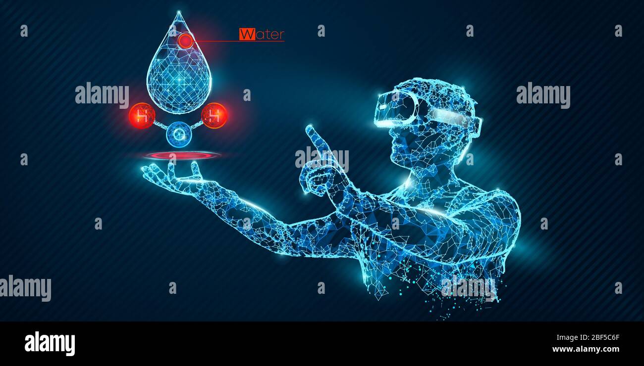 VR wireframe headset vector banner. Polygonal man wearing virtual ...