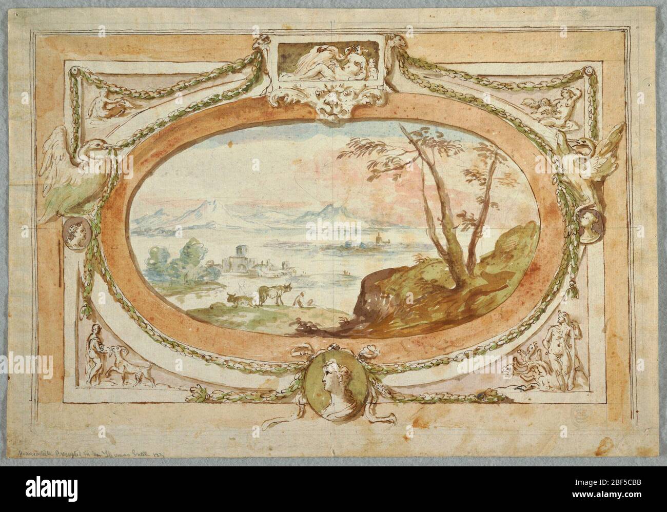 Project for an Overdoor. Horizontal rectangle framing an oval landscape. Stock Photo