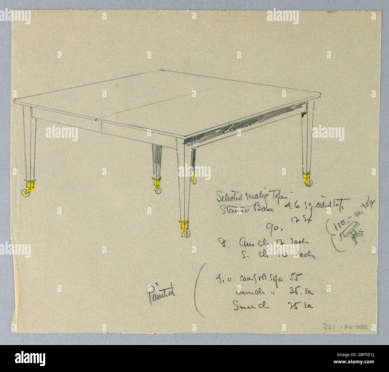 Design for a SixLegged Rectangular Table on Casters. Rectangular molded top raised on 6 [5 shown] plain tapering legs terminating in brass sabots; casters suggested in yellow Stock Photo