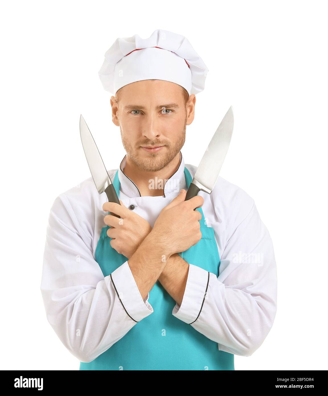 Handsome male chef knives on white background Stock Photo Alamy