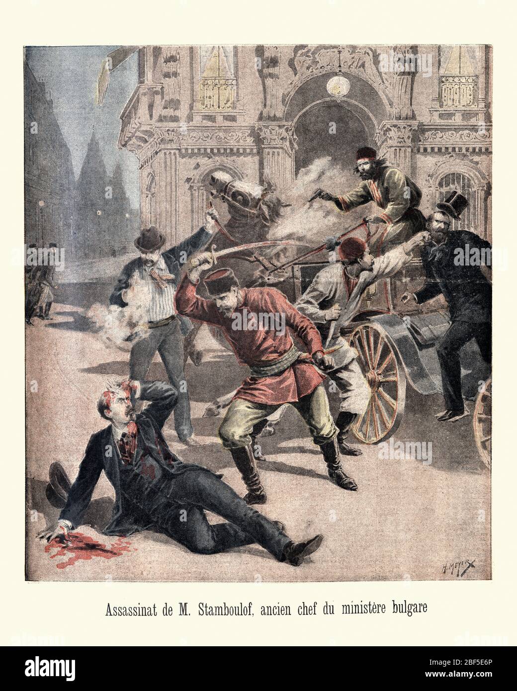 Vintage engraving of  Assassinat de M. Stamboulof, ancien chef du ministere bulgare. Assassination of Stefan Stambolov, former Prime Minister of Bulgaria. On 15 July 1895, Stambolov took a carriage to his home, along with his bodyguard and a friend. Midway, the carriage was stopped by an assassin who fired his revolver, thus startling the horses. Stambolov quickly exited, but was met by three more assassins, armed with knives. Stock Photo