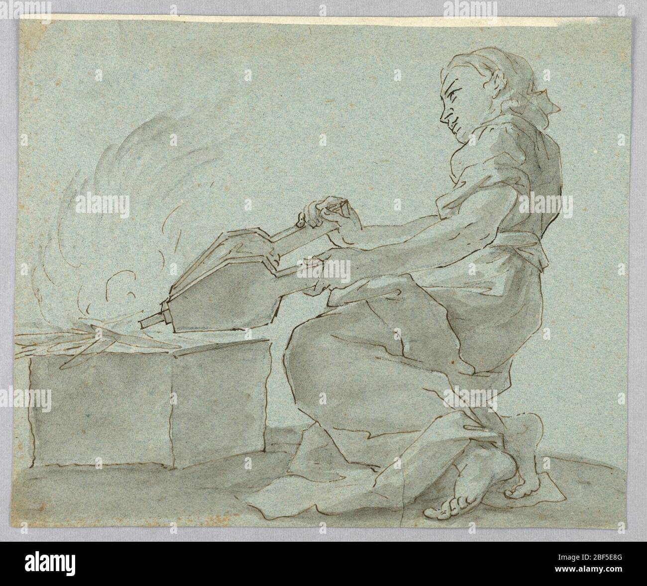 Woman with Bellows Lighting Fire. A woman shown in profile, kneeling ...