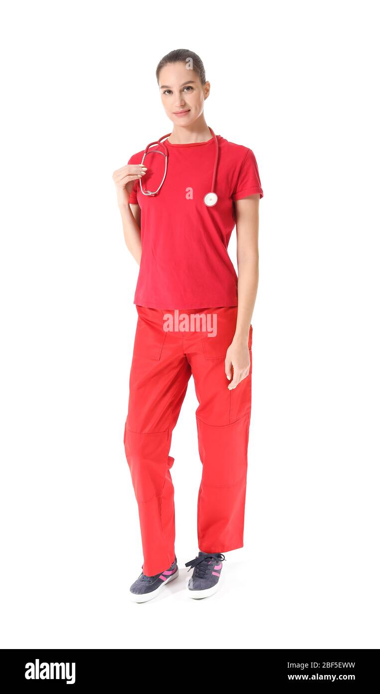 Female paramedic on white background Stock Photo - Alamy