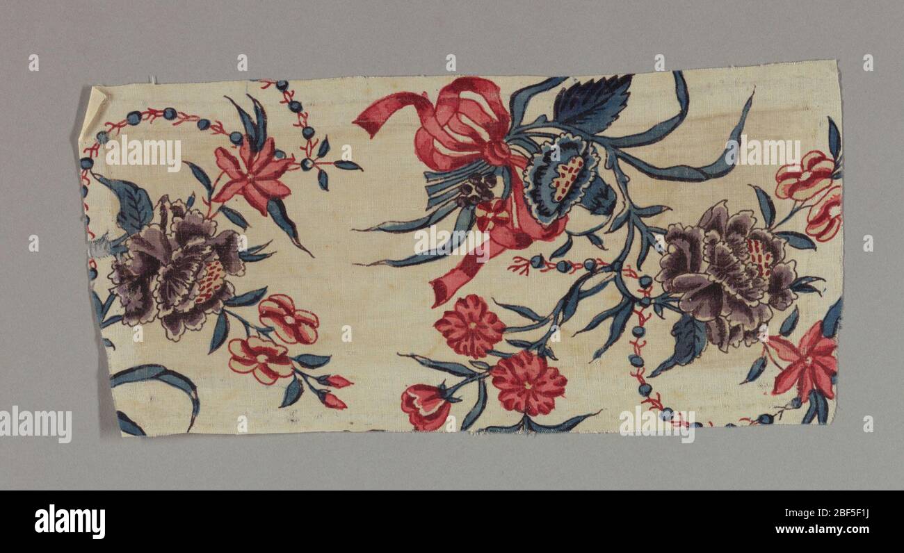 Chintz fragment. Ribbon-tied stems of flowers. Design is an Indian ...
