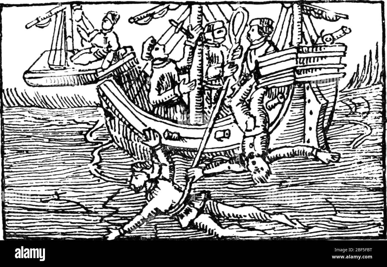 KEEL HAULING punishment in a 15th century woodcut Stock Photo