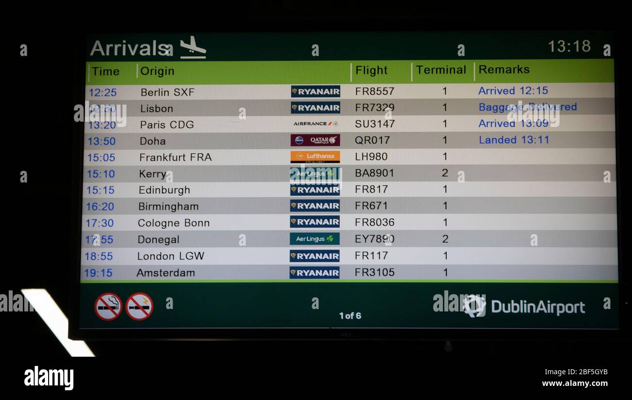 Dublin, Ireland - April 6, 2020: Arrivals screen at Dublin Airport during Covid-19 lockdown restrictions. Stock Photo