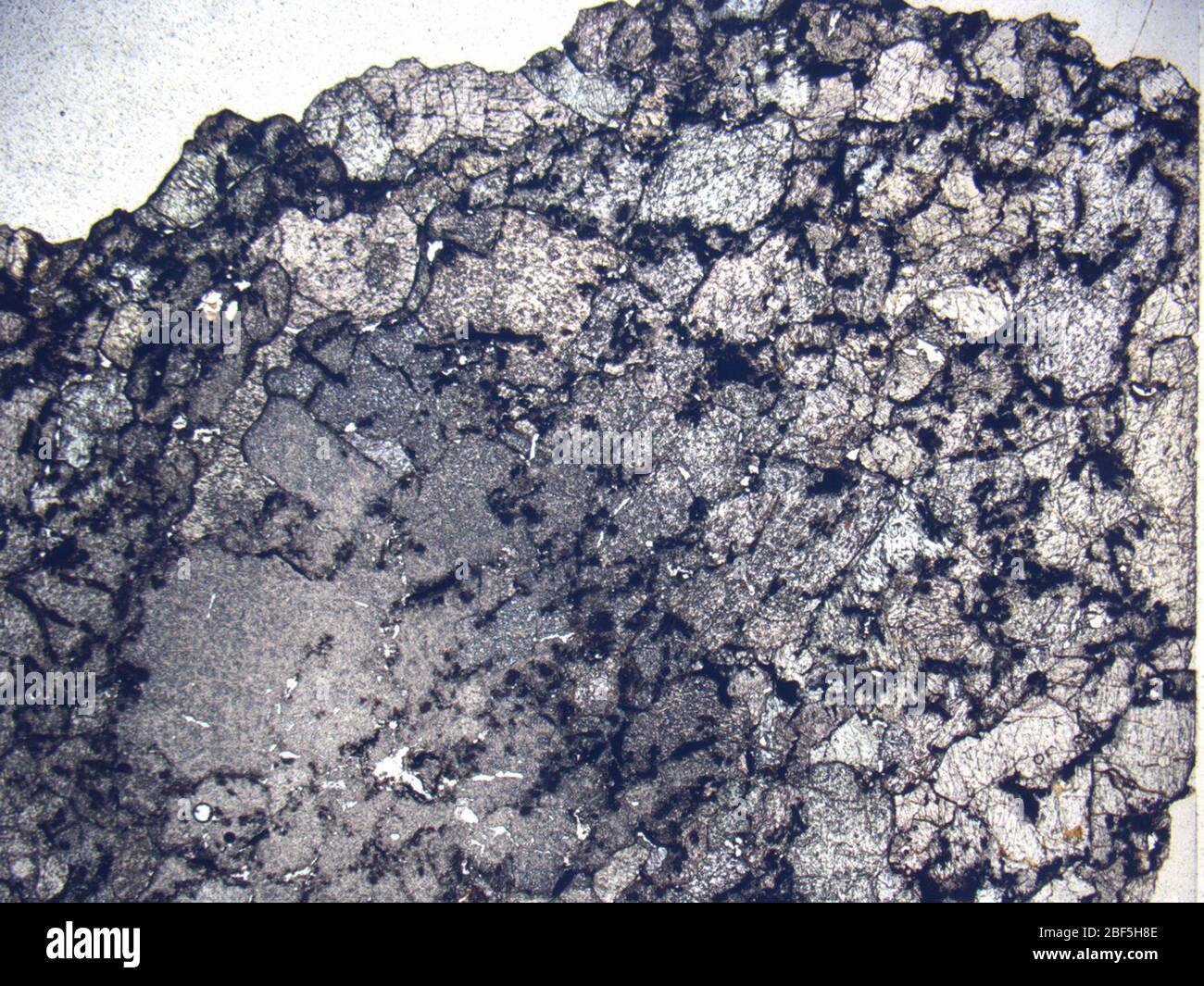 Micrograph of META78008,2 meteorite under plane-polarized light at 1.25x magnification. Stock Photo