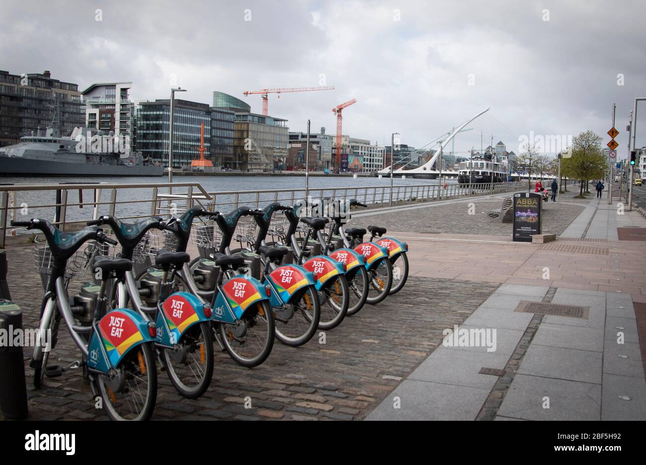 Dublin, Ireland - April 6, 2020: bikes at a Dublin Bikes station left unused during Covid-19 lockdown restrictions. Stock Photo