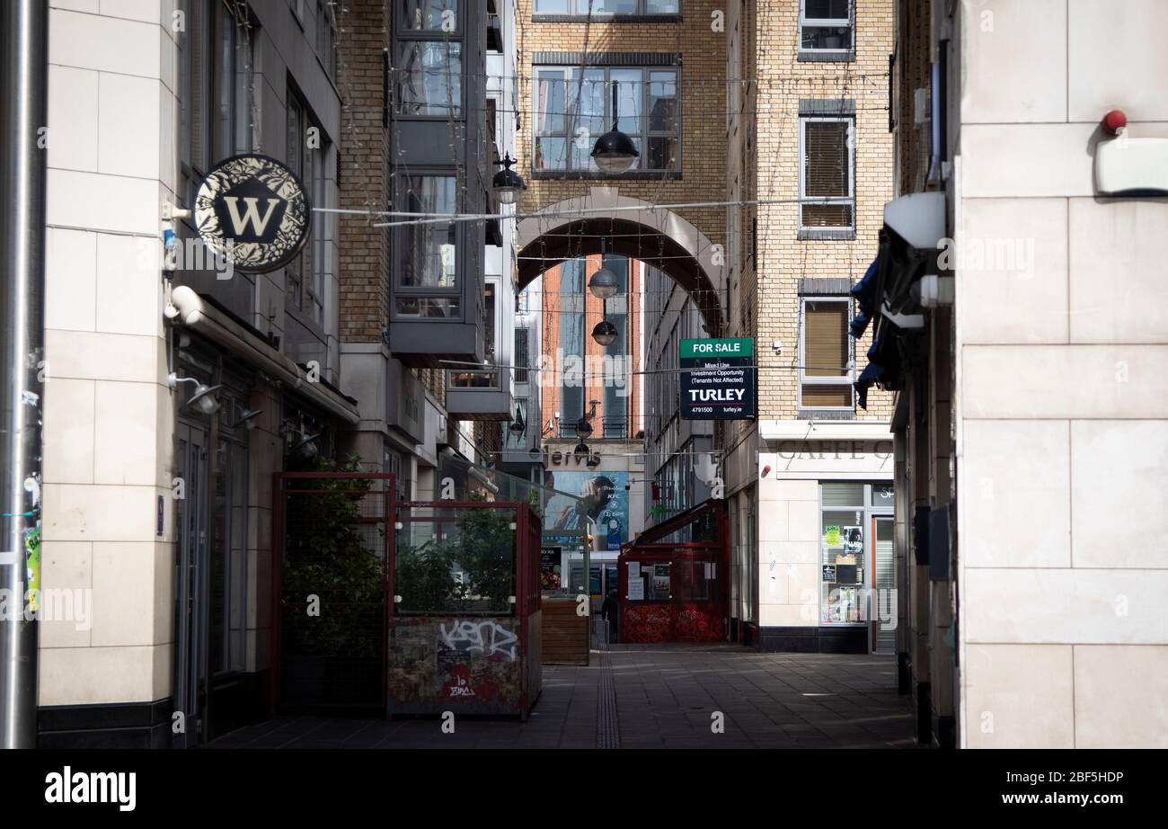 Dublin, Ireland - April 19, 2020: the Italian Quarter, normally bustling with tourists and locals, now lies empty due to lockdown restrictions. Stock Photo