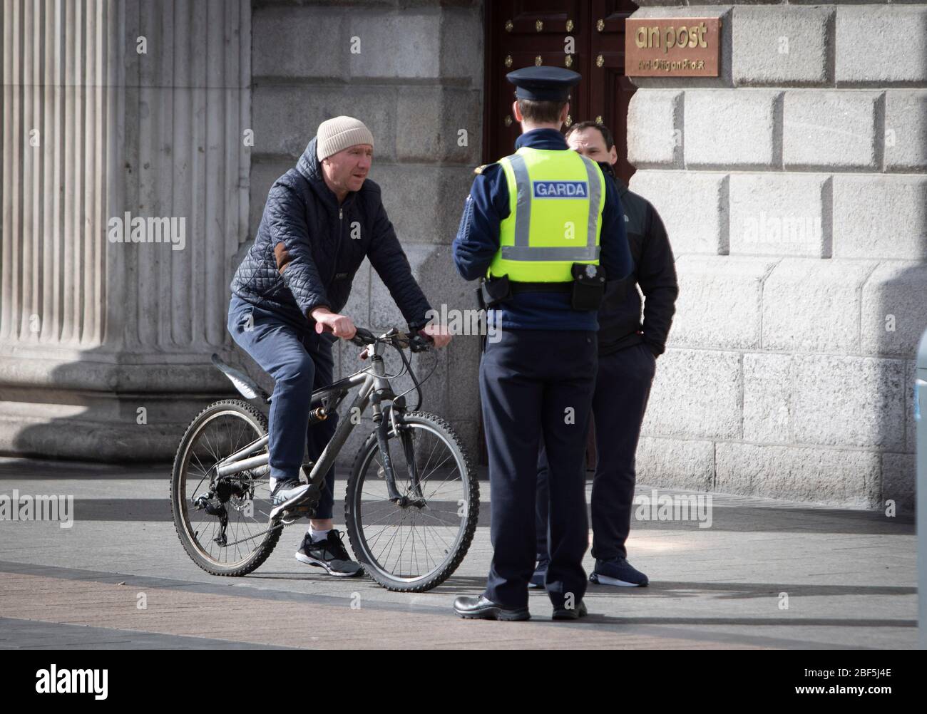 Dublin, Ireland - April 6, 2020: Gardai on patrol during Covid-19 lockdown restrictions on movement in the city centre. Stock Photo