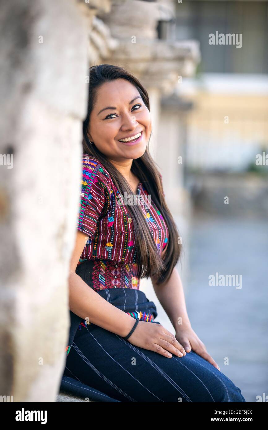 mayan lady in traditional outfit in Panajachel, Guatemala Stock Photo