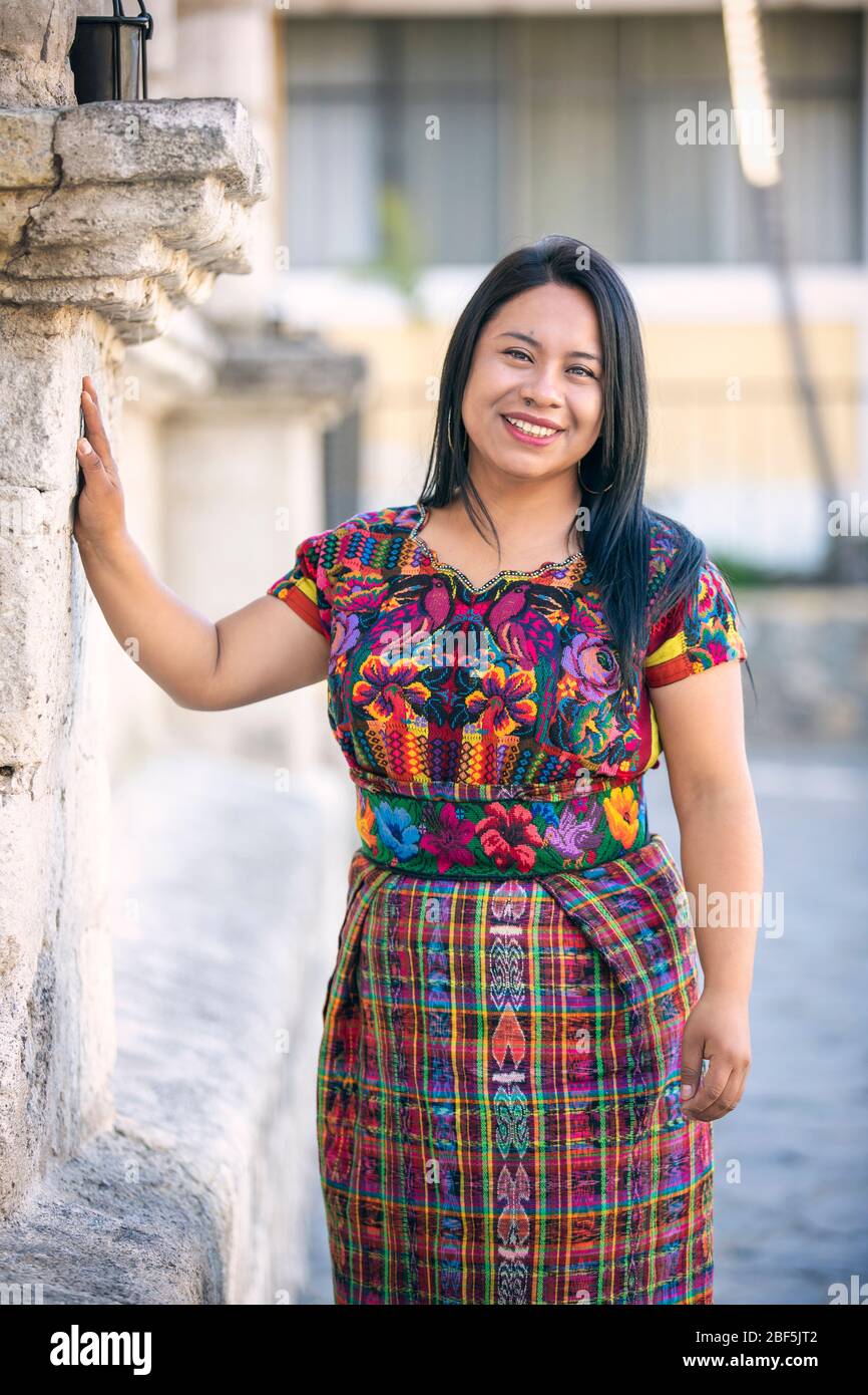 mayan lady in traditional outfit in Panajachel, Guatemala Stock Photo