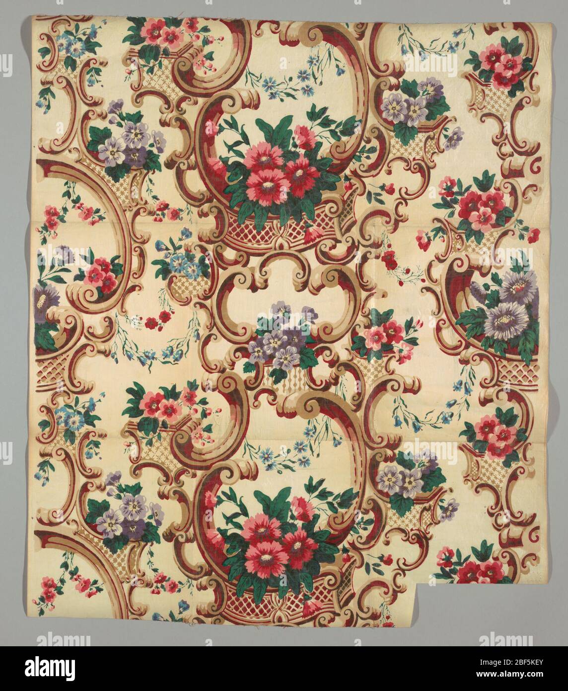 Polychrome Textile Textile. Flowers in polychrome and elaborate scrollwork in tan and red ...