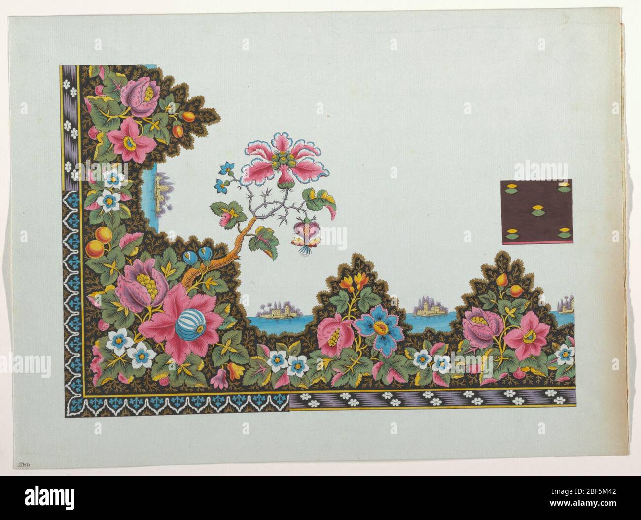 Design for a Printed Textile Floral Border with Islands on a Lake. Flowered  border enclosing small islands with buildings and violet trees Stock Photo  - Alamy, image size:1300x1056