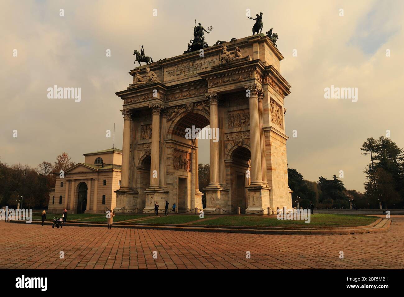 View of Piazza Sempione, with Arco della Pace, Milan, Italy. Stock Photo