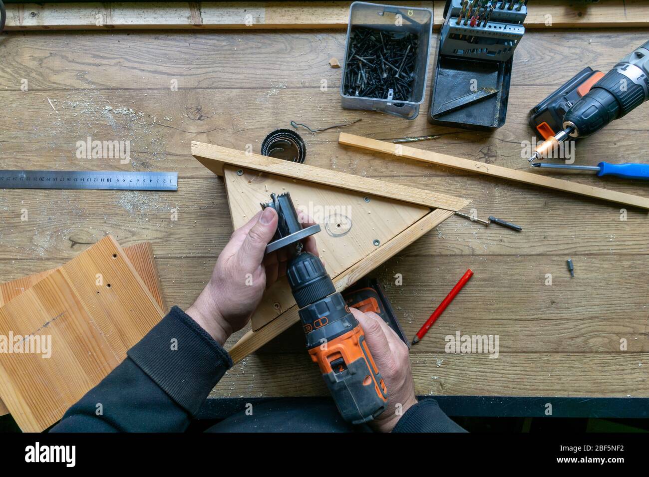 build birdhouse, wood, screws and tools lying on the bench Stock Photo