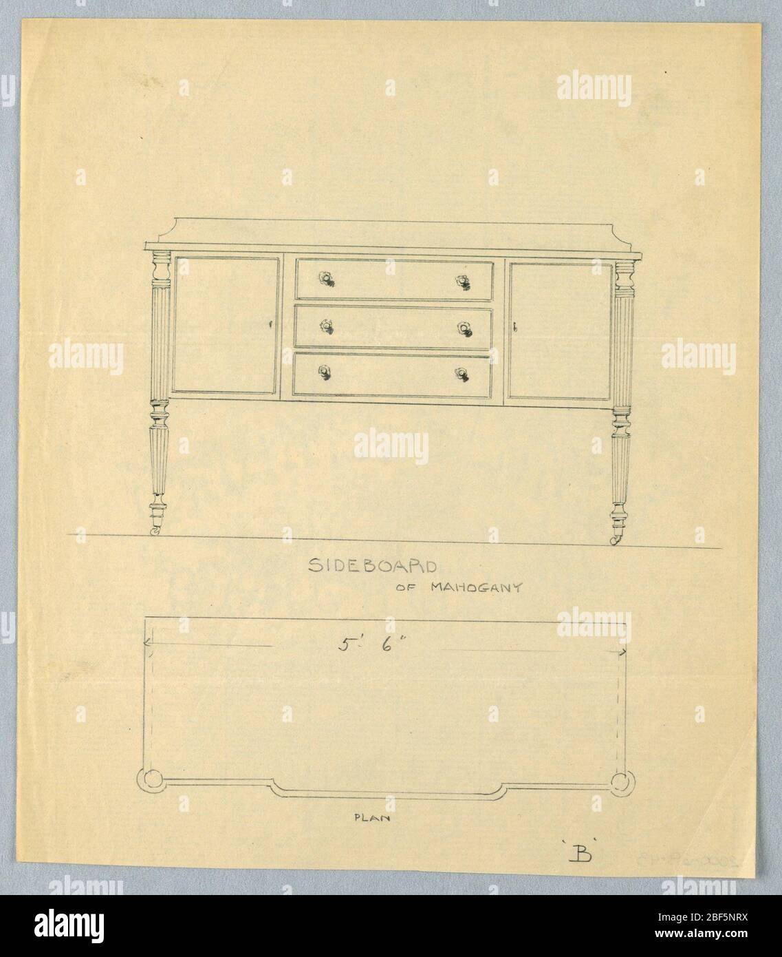 Design in Plan and Elevation for Mahogany Sideboard on Casters. Elevation view: rectangular sideboard with 4 turned and fluted straight tapering legs on casters; tri-partite front has 3 drawers flanked by 2 doors; low backsplash.Plan view: slightly protruding front section with rounded front corners. Stock Photo