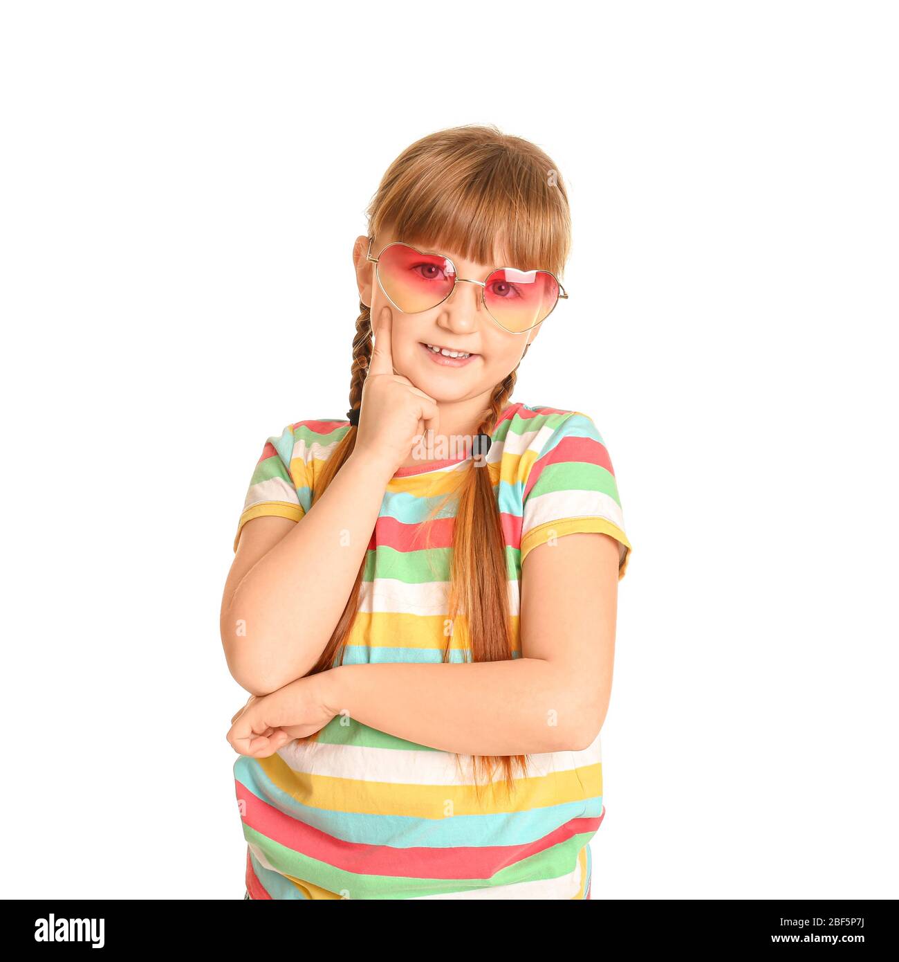 Funny little girl with sunglasses on white background Stock Photo Alamy