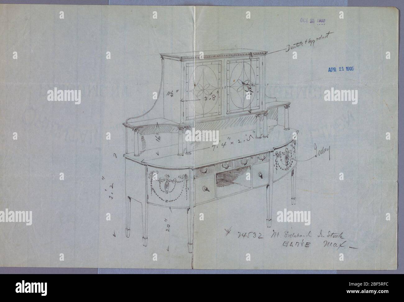 Design for Sideboard with Glass Door Cabinet Above. Oblong sideboard with 6 straight tapering legs [5 shown]; rounded front corners decorated in neo-classical motifs; flat front has center niche flanked by 2 drawers and 2 doors; molded top; above, a rectangular cabinet with 2 glass doors supported by raised bac Stock Photo