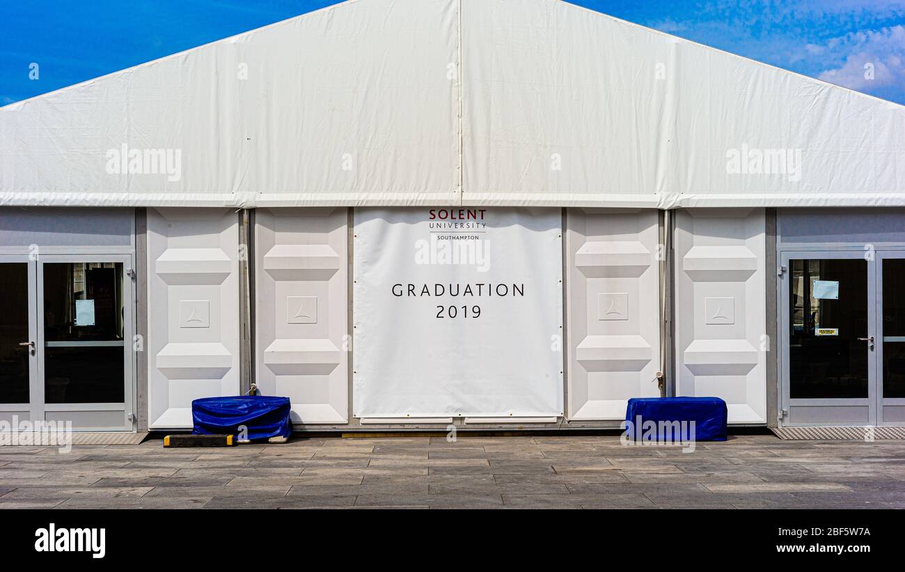 Temporary building to house the Solent University graduation ceremony on the Guildhall square in Southampton, England. Stock Photo