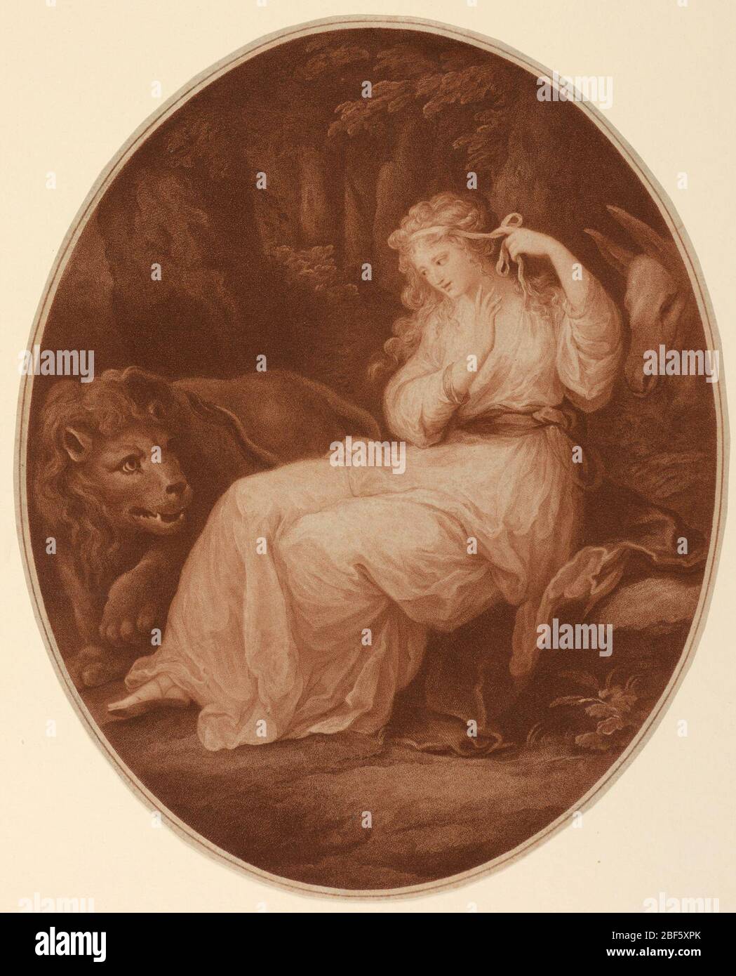 Una and the Lion from Spensers Faerie Queen. Full-length figure of a woman, seated, turned toward the left. She is binding her hair with a ribbon. A lion is beside her, left; a donkey behind her. Narrow enframing border. Stock Photo