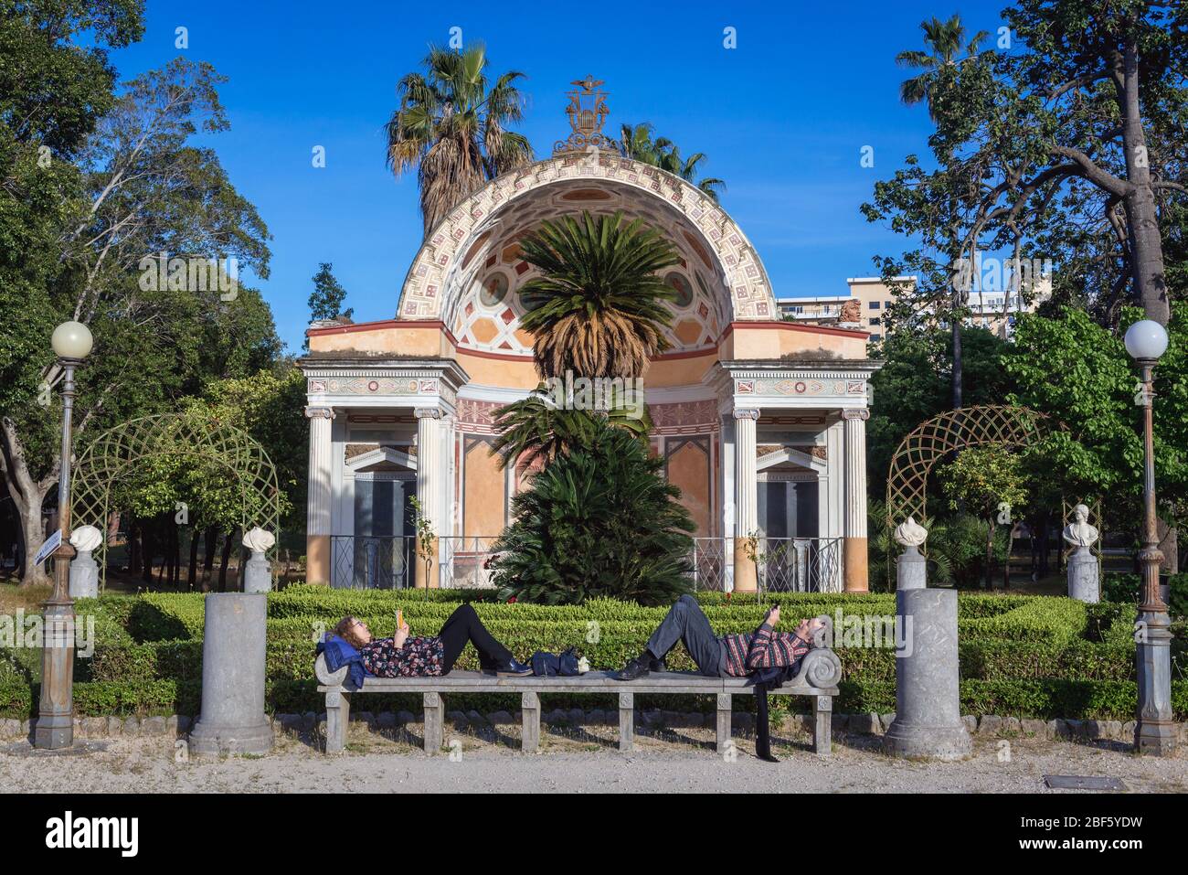 Exedra in Villa Giulia park also known as Villa del Popolo or Villa Flor in Palermo city of Southern Italy, capital of autonomous region of Sicily Stock Photo