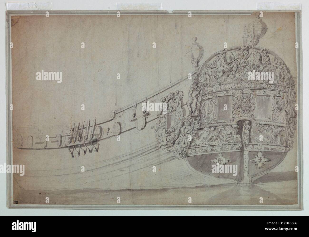 Decorative Design For The Stern Of A Ship The Stern Of A Ship Featuring Two Rectangular Central Windows And Decorated With An English Coat Of Arms Used By The Stuarts The Initial