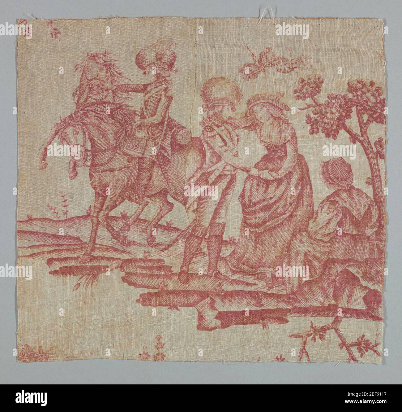 Fragment. Fragment shows a couple embracing while a seated female figure looks on. In the background is a soldier mounted on a horse. He uses one hand to restrain a rearing horse. In red on white. Stock Photo