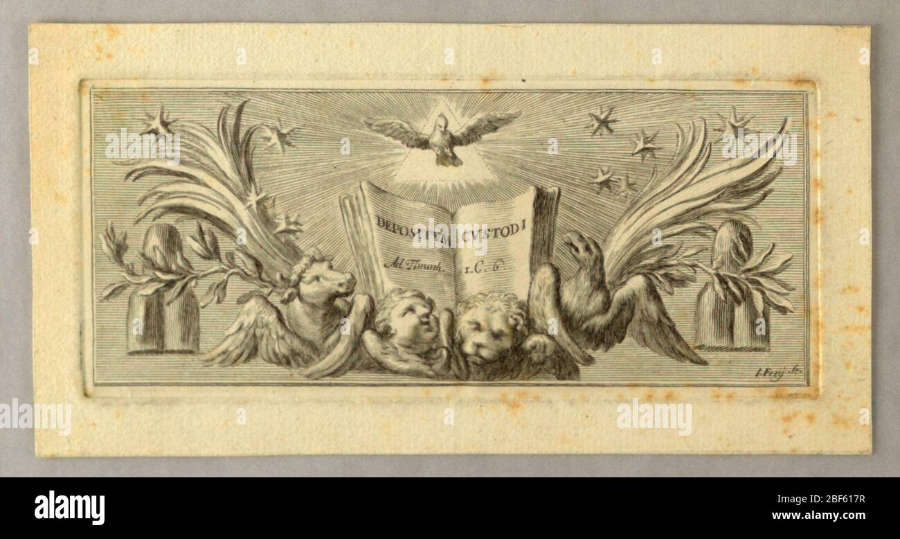Vignette Referring to the Bible. An opened book with the lettering: 'DEPOSITVM CVSTODI / Ad Timoth I. C. 6' rises over the symbols of the Evangelists and is flanked by palm and laurel boughs. Over it the Dove before a triangle. Rays, stars. Stock Photo
