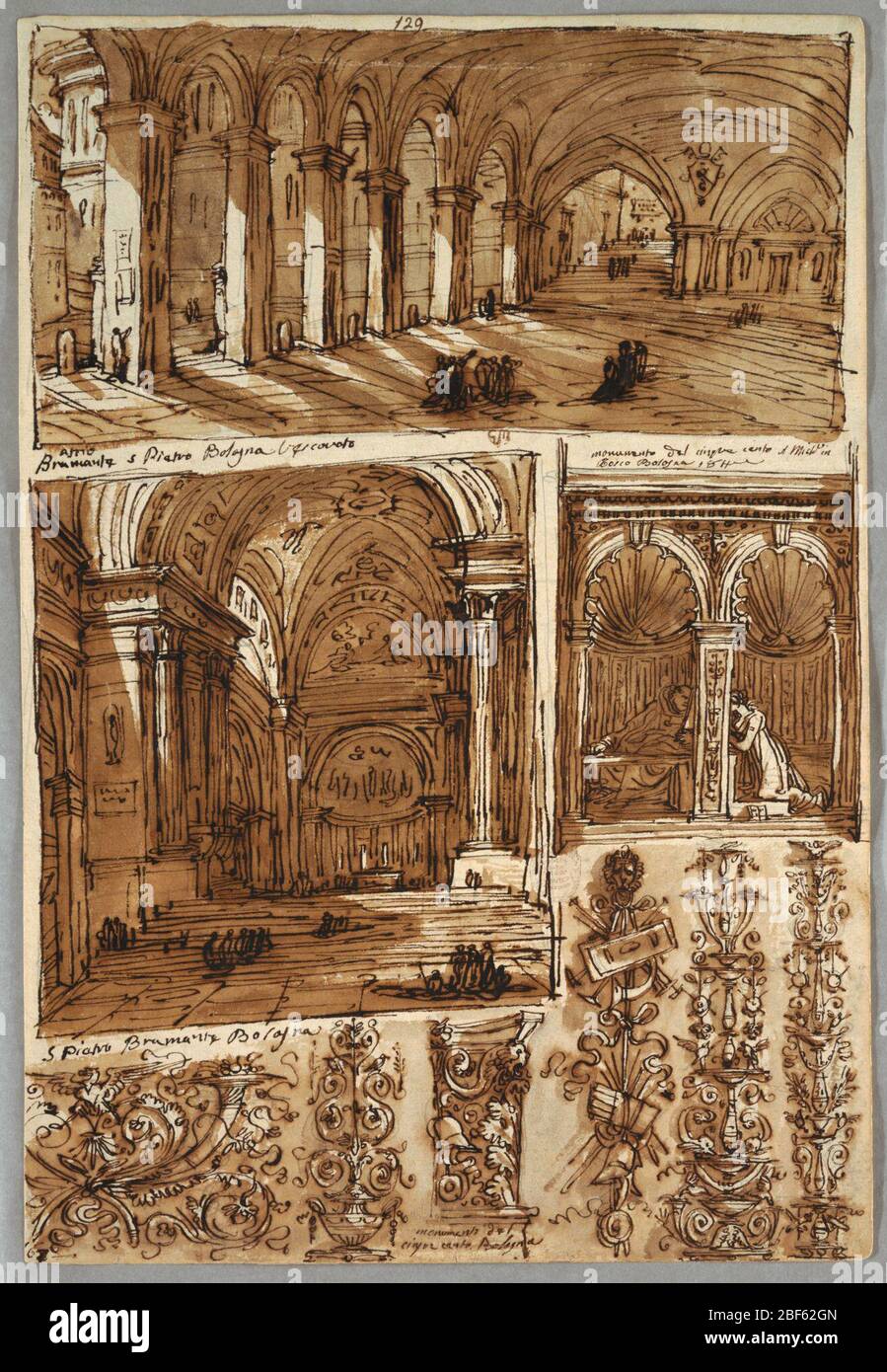Sketchbook Page Atrium San Pietro Bologna and Detail from San Pietro Detail from S Michele in Bosco Verso Geometrical Studies of Heads. At top, atrium of archbishop in Bologna, shown with view of cathedral; inscribed: atrio/ Bramante s Pietro Vescovato. At left, interior of cathedral by Domenico Tibaldi, 1575; inscribed: S Pietro Bramante Bologna. At center, segment of stalls from S. Stock Photo