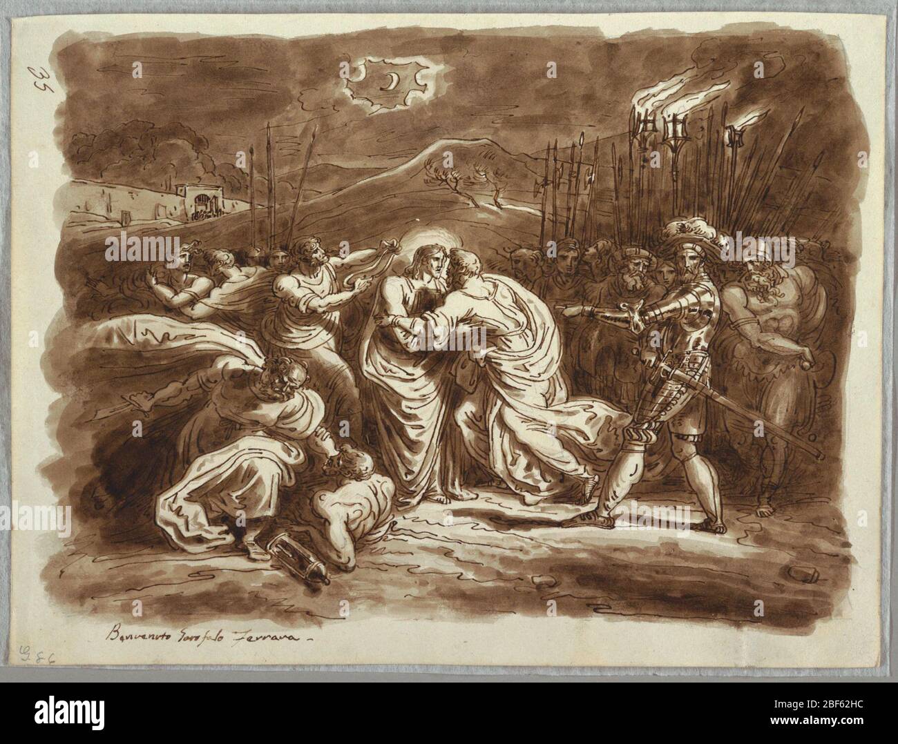 The Betrayal of Christ. In nocturnal landscape with crescent moon, Judas gives kiss of betrayal to Christ at center. Military commander and soldiers at right, men struggling at left. Stock Photo