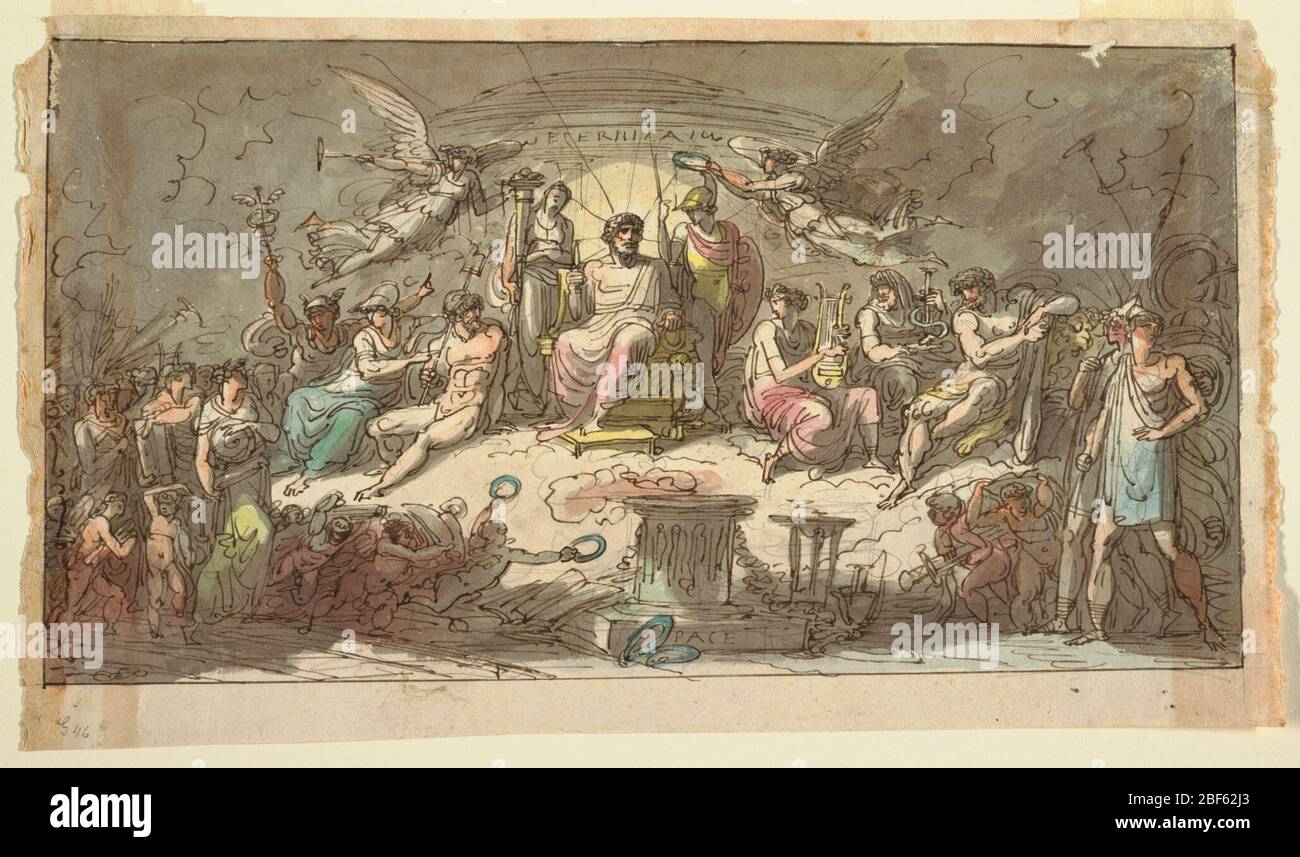 Olympus. Jupiter on throne in center middledistance in front of temple