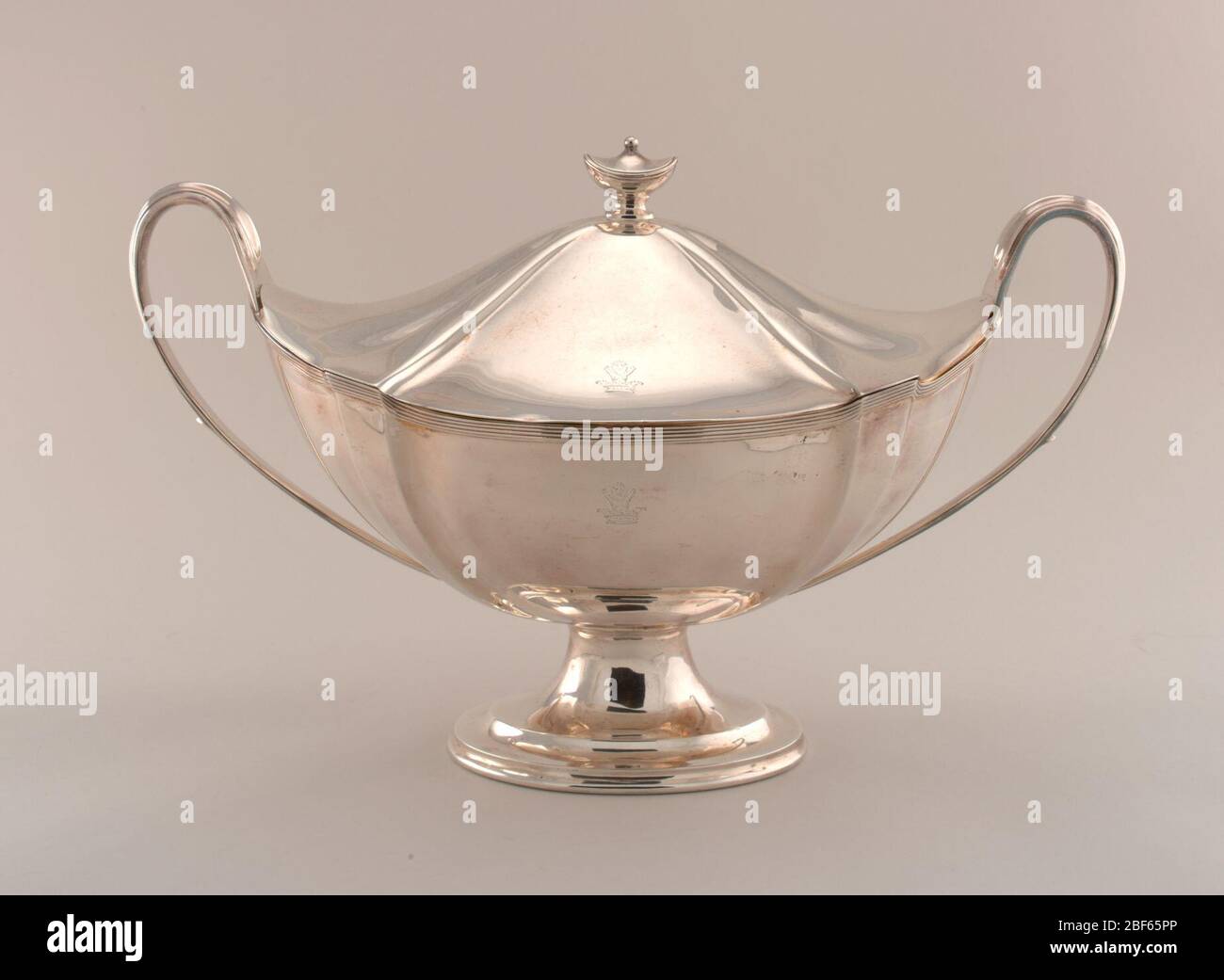 Tureen and cover. Boat-shaped with stepped oval base; bowl and cover ...