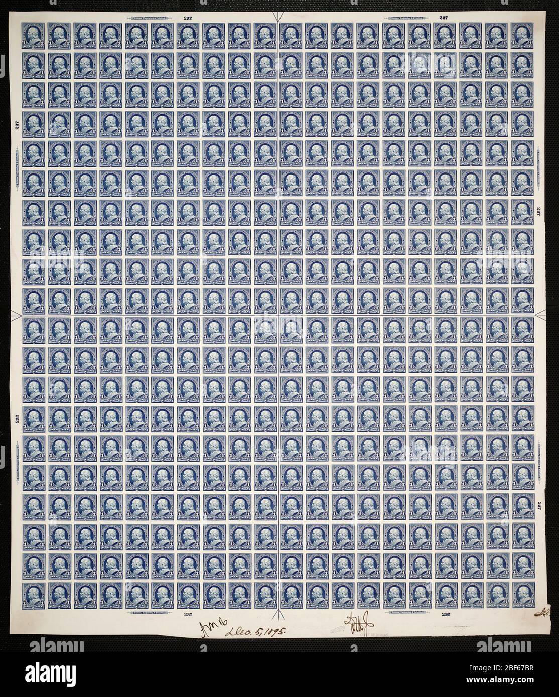 1c Franklin plate proof. Certified plate proofs are the last printed proof of the plate before printing the stamps at the Bureau of Engraving and Printing. These plate proofs are each unique, with the approval signatures and date. Stock Photo