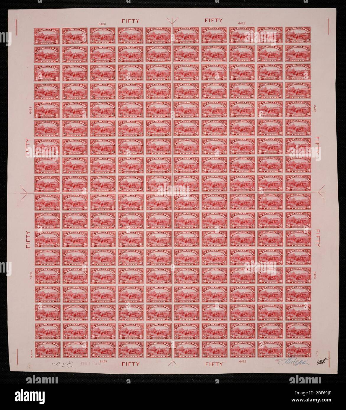 50c Dairying plate proof. Certified plate proofs are the last printed proof of the plate before printing the stamps at the Bureau of Engraving and Printing. These plate proofs are each unique, with the approval signatures and date. Stock Photo