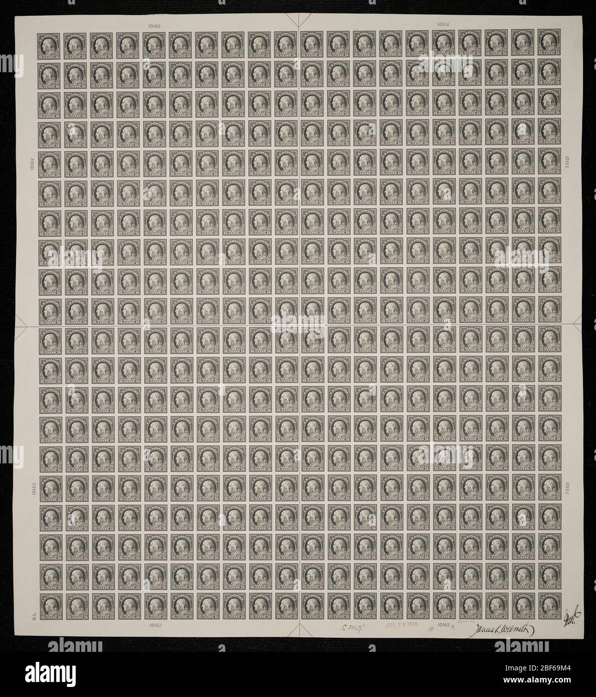 15c Franklin plate proof. Certified plate proofs are the last printed proof of the plate before printing the stamps at the Bureau of Engraving and Printing. These plate proofs are each unique, with the approval signatures and date. Stock Photo