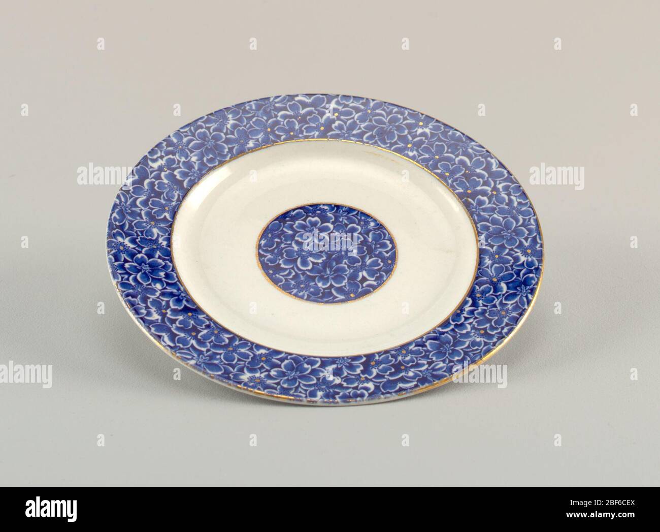Plates with Blue Flower Pattern. Two plates with blue floral marli and center medallion on white ground. Stock Photo
