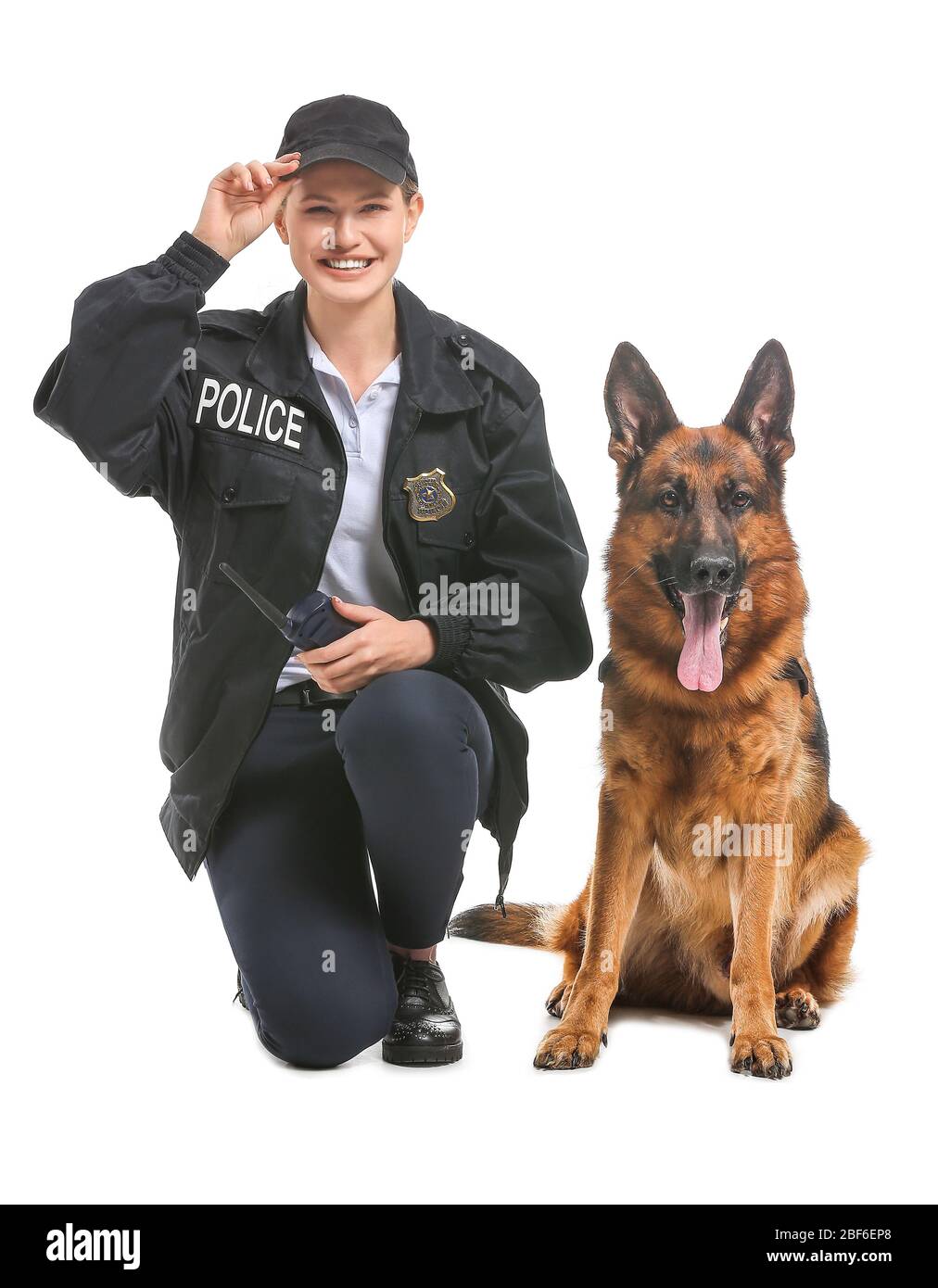 Female police officer with dog on white background Stock Photo Alamy