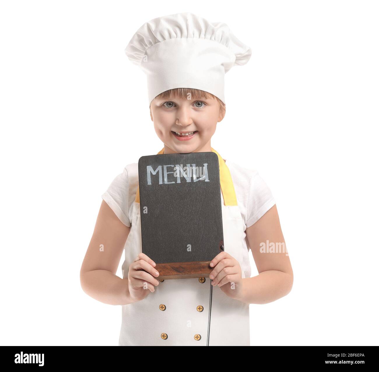 Cute little chef with menu on white background Stock Photo - Alamy