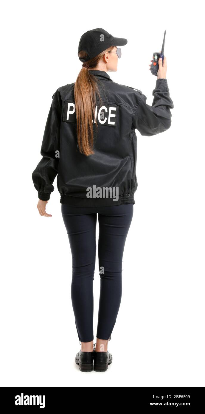 Female police officer on white background, back view Stock Photo