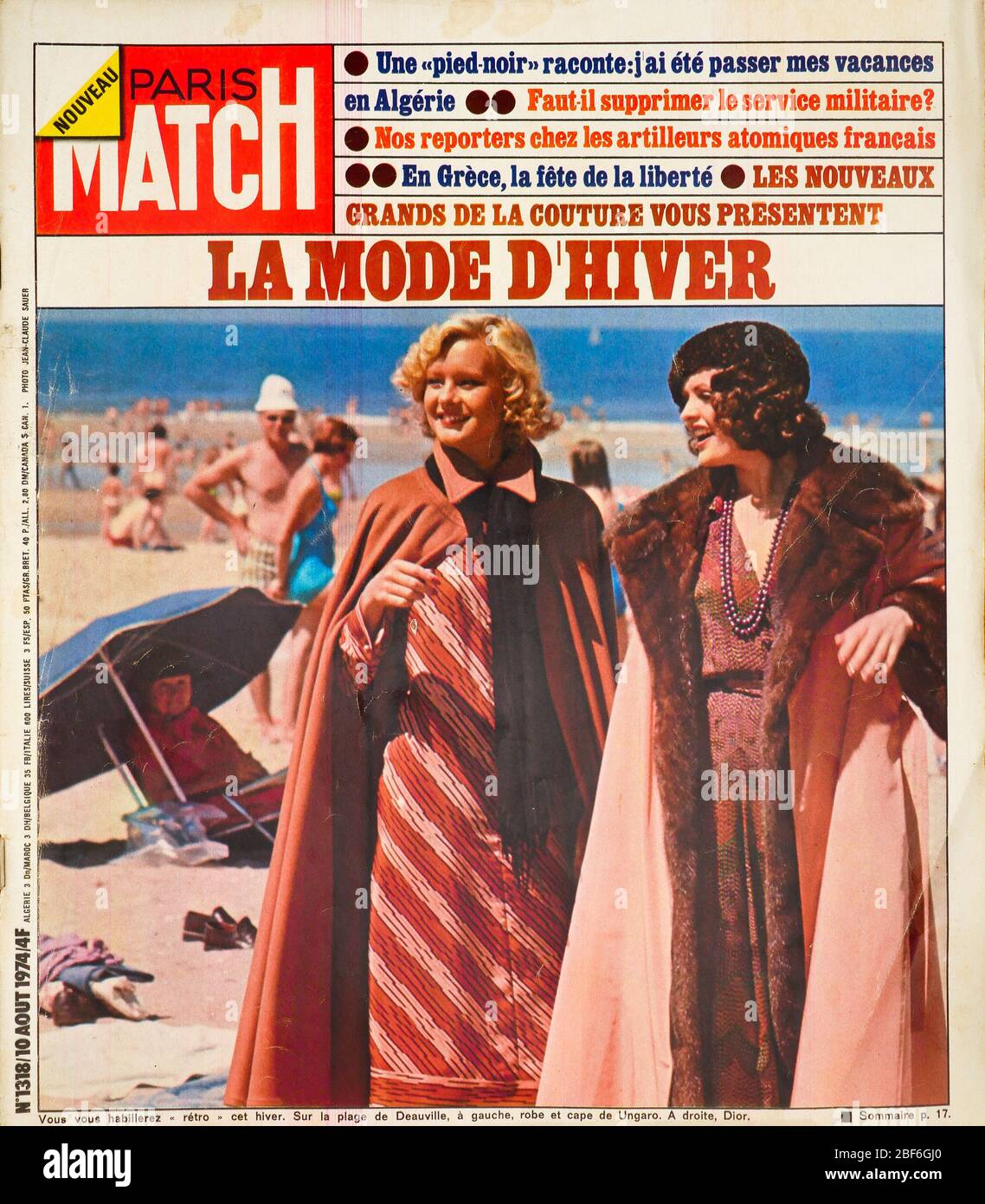 Frontpage of French news and people magazine Paris-Match, n° 1318, Models  present winter fashion on a sunny beach, 1974, France Stock Photo - Alamy