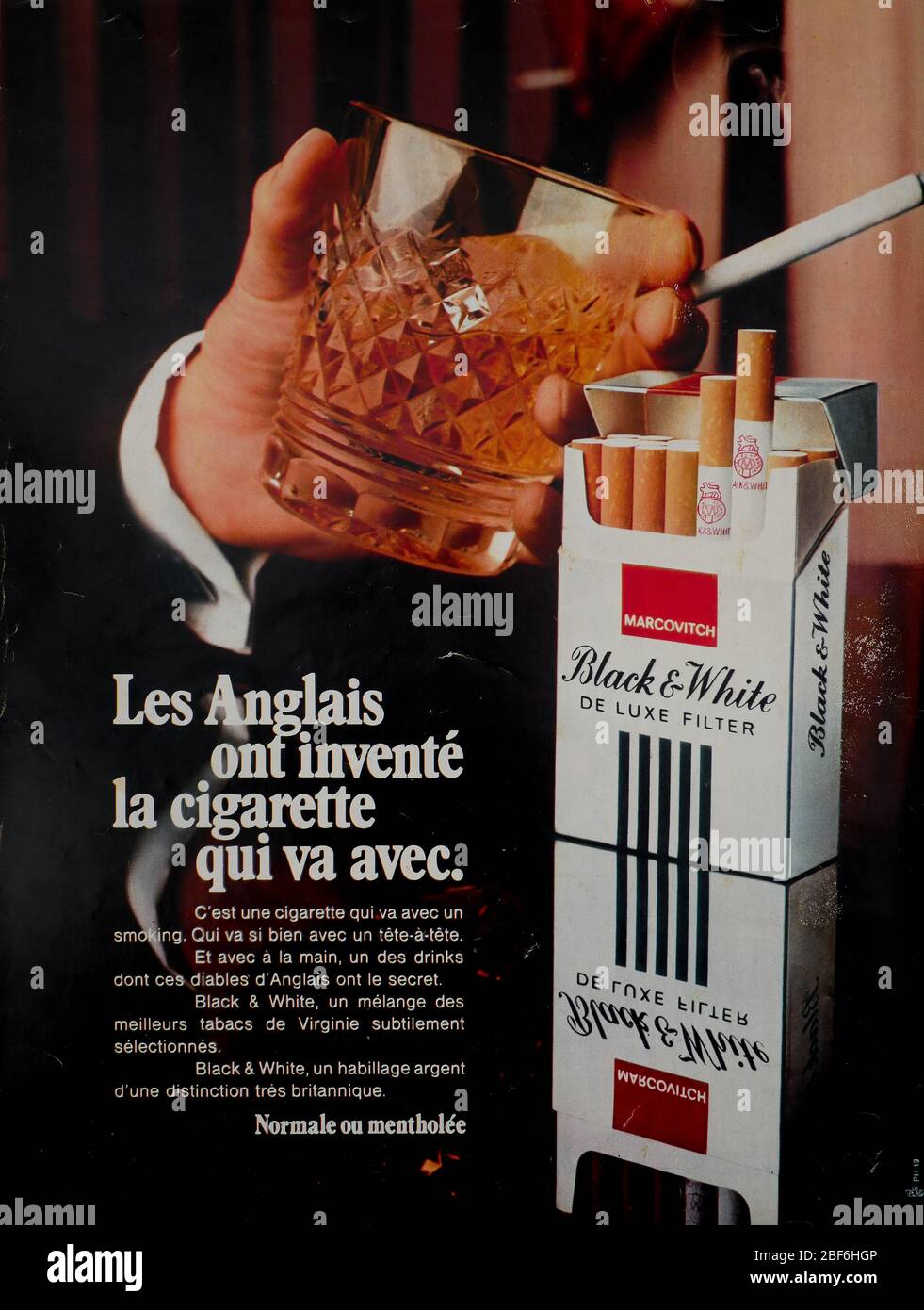 Advertisement page for Black and White cigarettes, published on the back cover of the French news magazine Paris-Match, 1972, France Stock Photo