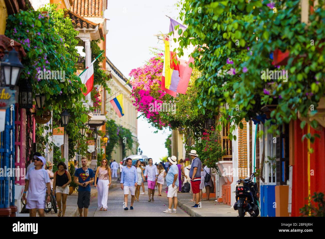 city landscape view of a colorful street in the old city of cartagena colombia Stock Photo